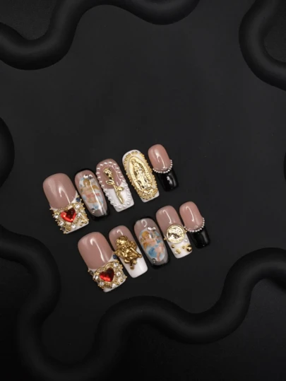 Unhas quadradas feitas à mão, estilo luxuoso, clássico, joia de metal preta para a ponta dos dedos com decorações de rosa em forma de coração e pérolas, unhas postiças para uso diário