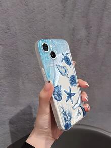 1pc Blue Gradient Wave & Beach Healing Sea Turtle, Seashell, Starfish Pattern Transparent Soft Phone Case, Anti-Slip Anti-Drop Anti-Yellow Lightweight Full Coverage Soft Shell Compatible With Apple Phones - Multicolor - View 3