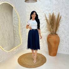 Polka Dot Tulle Midi Skirt With Lining, Modest Fashion Style. Belt Included For A Perfect Fit. - Navy Blue - View 2