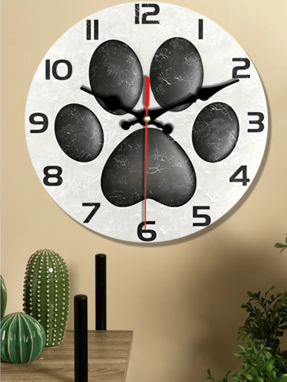 1pc 10"/12" Silent Wooden Wall Clock, Black Dog Paw Print Design, Battery Operated Round Decorative Wall Clock, Suitable For Home, Office Or School, Unique Gift Idea, Living Room Wall Clock