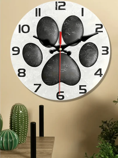 1pc 10"/12" Silent Wooden Wall Clock, Black Dog Paw Print Design, Battery Operated Round Decorative Wall Clock, Suitable For Home, Office Or School, Unique Gift Idea, Living Room Wall Clock