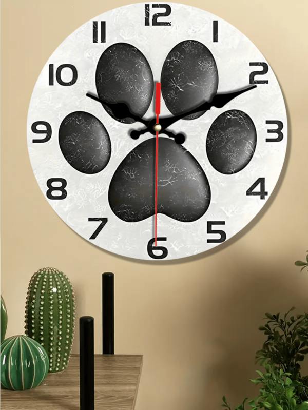 1pc 10"/12" Silent Wooden Wall Clock, Black Dog Paw Print Design, Battery Operated Round Decorative Wall Clock, Suitable For Home, Office Or School, Unique Gift Idea, Living Room Wall Clock
