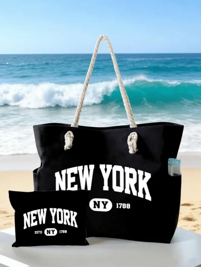 Tote Bag Set Printed With "New York" Pattern,Large Capacity Shoulder Bag & Matching Small Pouch, Durable Reusable Shopping Bag For Daily Use, Church Outings, Travel & Work, Travel Tote Bag, Vacation Storage Bag, Large Capacity Shoulder Bag, For Beach Sunbathing, Picnicking, Camping, Travel, Gym, Pool, Women's Weekend Bag, Reusable Shopping Bag Or Daily Business Travel, Back-To-School Gift, Birthday Gift, Travel Accessory, Mother's Day Gift, Wedding Accessory