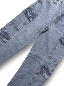 Men's Light Blue Cargo Jeans, Without Elastane, Long And Loose Fit. - 2601-1 - Xem 7