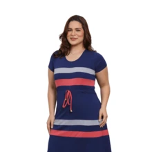 Vestido Godê Listrado Soltinho em Viscolycra Encorpado  Casual    Malha    Nó    Praia  Férias - Azul Clara e Melancia - Visão 5