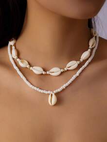 2pcs Minimalist Fashion Casual Beach Bohemian Pearl & Shell Layered Necklace Set, Suitable For Parties, Vacations, Gifts, And Daily Wear - White - View 3