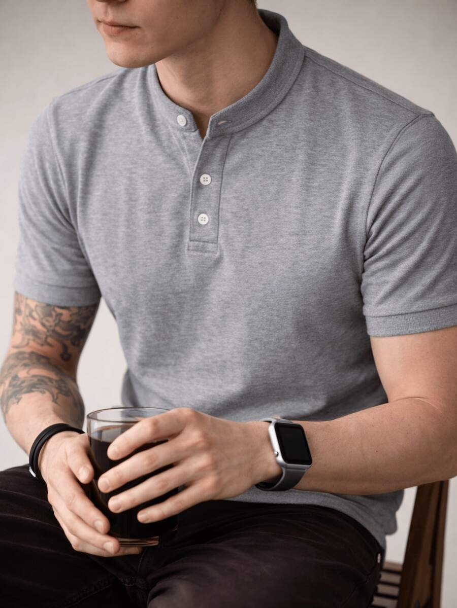 Men's Henley Collar Shirt - Elegant And Comfortable Design - All Summer - 灰色 - 查看 1