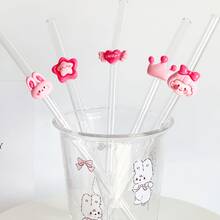 Pink Series Glass Straws, Transparent Smoothie, Bubble Tea, Juice, Milk, Cocktail, Cold Drink Party Straws With Pink Rabbit, Heart, Star, Crown Bent Glass Straws, Reusable - Pink Series Straws - View 1