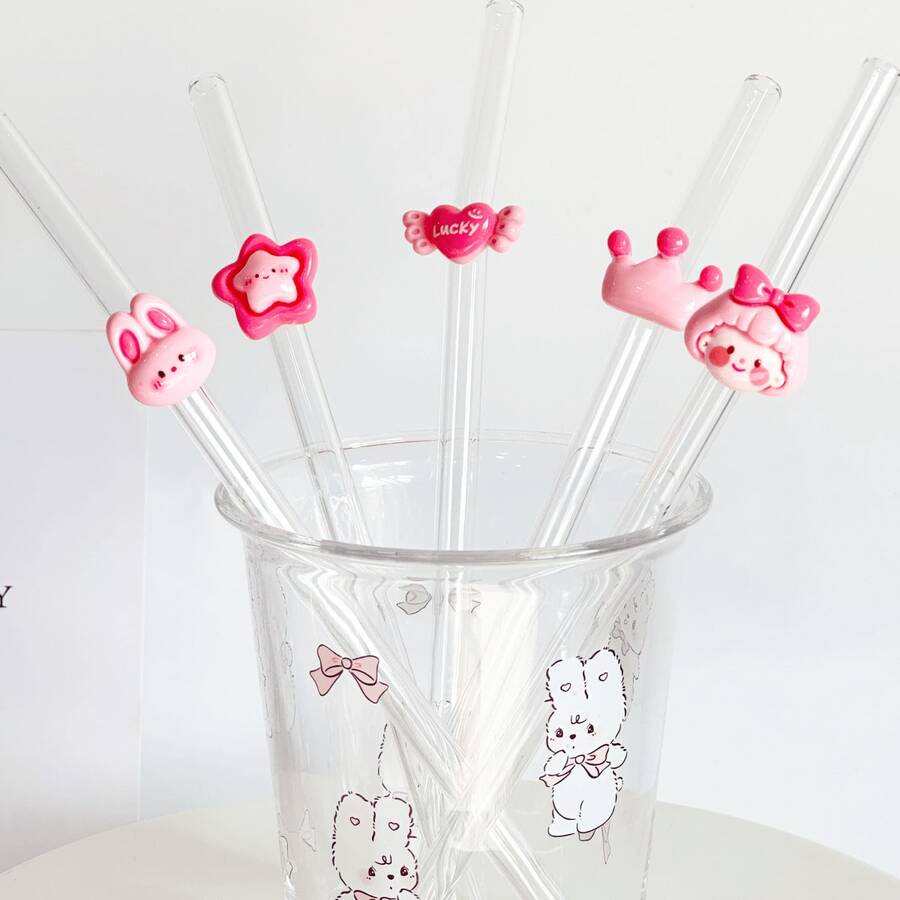 Pink Series Glass Straws, Transparent Smoothie, Bubble Tea, Juice, Milk, Cocktail, Cold Drink Party Straws With Pink Rabbit, Heart, Star, Crown Bent Glass Straws, Reusable - Pink Series Straws - View 1