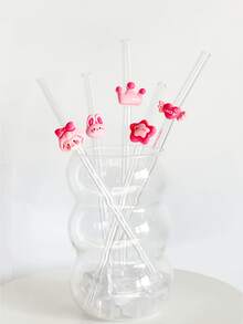 Pink Series Glass Straws, Transparent Smoothie, Bubble Tea, Juice, Milk, Cocktail, Cold Drink Party Straws With Pink Rabbit, Heart, Star, Crown Bent Glass Straws, Reusable - Pink Series Straws - View 2