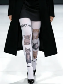 女士白色猫咪印花连裤袜 - 厚实不透，可爱动物印花连裤袜，适合春秋季节穿着 - 白色 - 查看 3