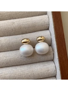1 Pair Of European And American Metal Style Gold Faux Pearl Oval Design Earrings For Women's Daily Wear - Multicolor - View 4