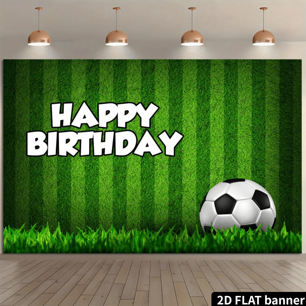 Football-Themed Birthday Party Backdrop. Green Radial Stripes As The Background, With White "Happy Birthday" Three-Dimensional Text In The Center. Classic Black And White Football Pattern In The Center. Both Sides Decorated With Green And White Balloons And Player Silhouettes. 2D Design Suitable For Indoor Walls Or Photography Areas. Creates A Lively Sports Atmosphere For The Birthday Celebration Scene.