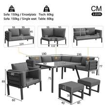 Crescent-Shaped Garden Sofa Set For 8 People / Sturdy Iron Frame With Grey Upholstery / With Glass Table, 1 Armchair And 2 Stools / Weather-Resistant Balcony Furniture - Grey - View 8