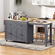 Kitchen Island Table With Wheels, Sliding Dining Table, Kitchen Island Table With Countertop And Drawers, Freestanding Mobile Kitchen Island Table, Ideal For Kitchen And Dining Room (Grey + Natural Tones) - Dark Grey - View 2