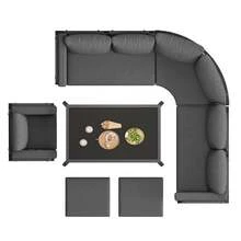 Crescent-Shaped Garden Sofa Set For 8 People / Sturdy Iron Frame With Grey Upholstery / With Glass Table, 1 Armchair And 2 Stools / Weather-Resistant Balcony Furniture - Grey - View 9