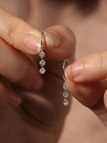 1 par de pendientes minimalistas con borla y piedra de circonita redonda - Plateado - Ver 7