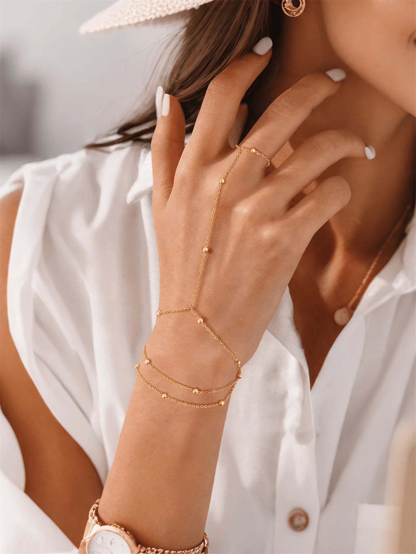 1pc Multi-Layer Stacking Bead Chain Finger Ring, Fashionable Backhand Jewelry, Suitable For Daily Wear, Dates, And Photo Shoots. Handmade Chain With Random Bead Quantity And Length - Gold - View 1