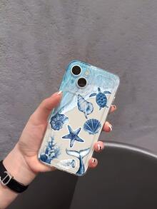 1pc Blue Gradient Wave & Beach Healing Sea Turtle, Seashell, Starfish Pattern Transparent Soft Phone Case, Anti-Slip Anti-Drop Anti-Yellow Lightweight Full Coverage Soft Shell Compatible With Apple Phones - Multicolor - View 5