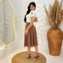 Polka Dot Tulle Midi Skirt With Lining, Modest Fashion Style. Belt Included For A Perfect Fit. - Óxido marrón - Ver 4