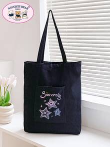1pc Star Print One Shoulder Tote Bag, Versatile For School, Campus, Shopping, Travel, Outdoor, Casual, Large Capacity And Convenient - Black - View 1