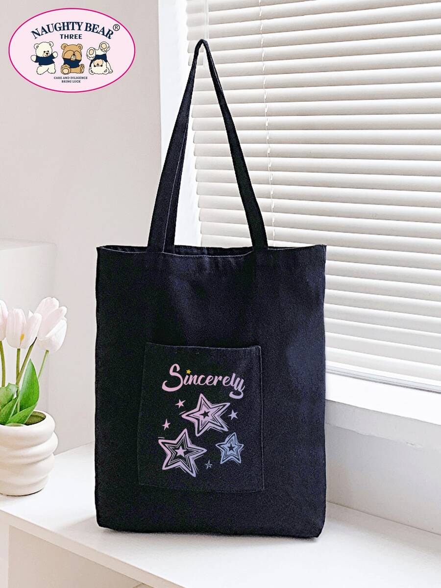 1pc Star Print One Shoulder Tote Bag, Versatile For School, Campus, Shopping, Travel, Outdoor, Casual, Large Capacity And Convenient - Black - View 1
