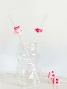 Pink Series Glass Straws, Transparent Smoothie, Bubble Tea, Juice, Milk, Cocktail, Cold Drink Party Straws With Pink Rabbit, Heart, Star, Crown Bent Glass Straws, Reusable - Pink Series Straws - View 5
