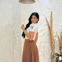 Polka Dot Tulle Midi Skirt With Lining, Modest Fashion Style. Belt Included For A Perfect Fit. - Óxido marrón - Ver 3