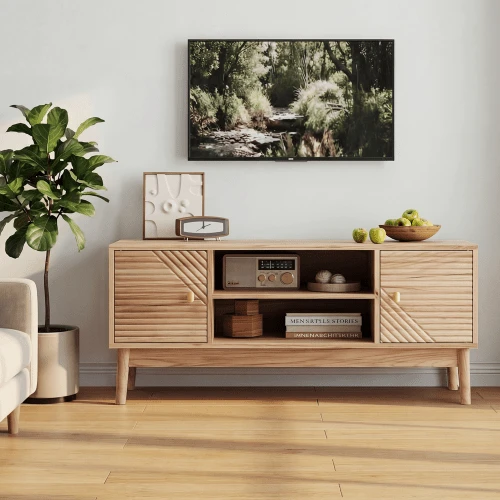 110cm High TV Unit, Mid-Century Modern Style TV Stand, Suitable For 32/45 Inch TVs, Entertainment Center With Storage Space, Multimedia Console For Living Room And Bedroom, Oak Color - 原木色 - 查看 1