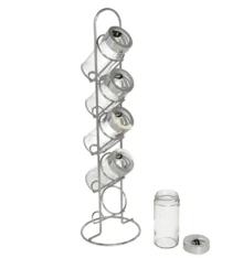 BLOOM STORE - Gewürzregal aus verchromtem Metall mit 5 Gläsern, 10 x 39 cm, Gewürzgläser aus Glas mit Metalldeckel, Gewürz- und Kräuterwerkzeuge, Gewürzgläser-Set für die Küche - Silber - Übersicht 2