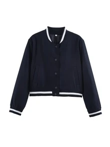 Chaqueta bomber azul marino holgada para mujer - Primavera con cuello alto, manga larga, botones delanteros, estilo callejero elegante con bolsillos - azul real - Ver 7