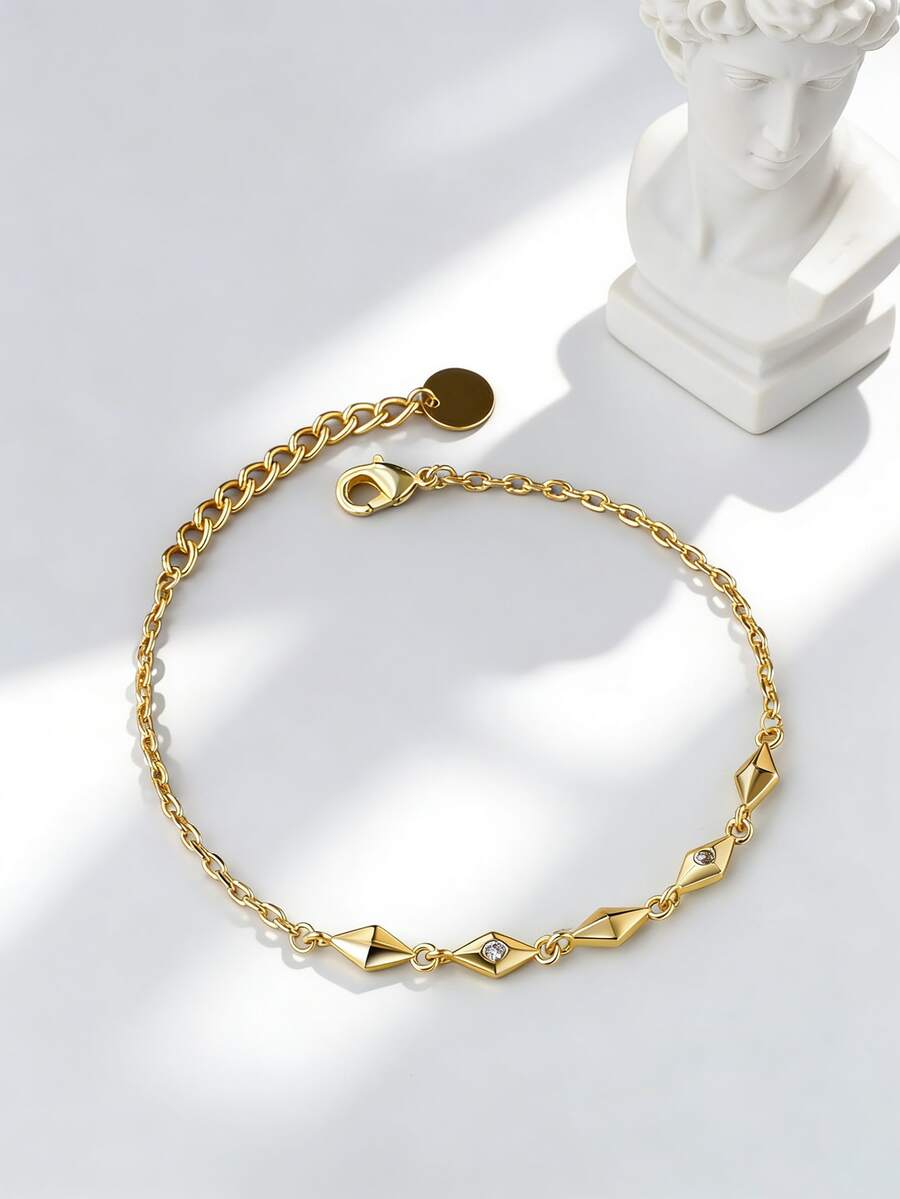 Charm-In 1pc Diamond-Shaped Bracelet Inlaid With Dazzling Zirconia, Suitable For Daily Wear Or Gatherings, Holiday Gift - Yellow Gold - View 1