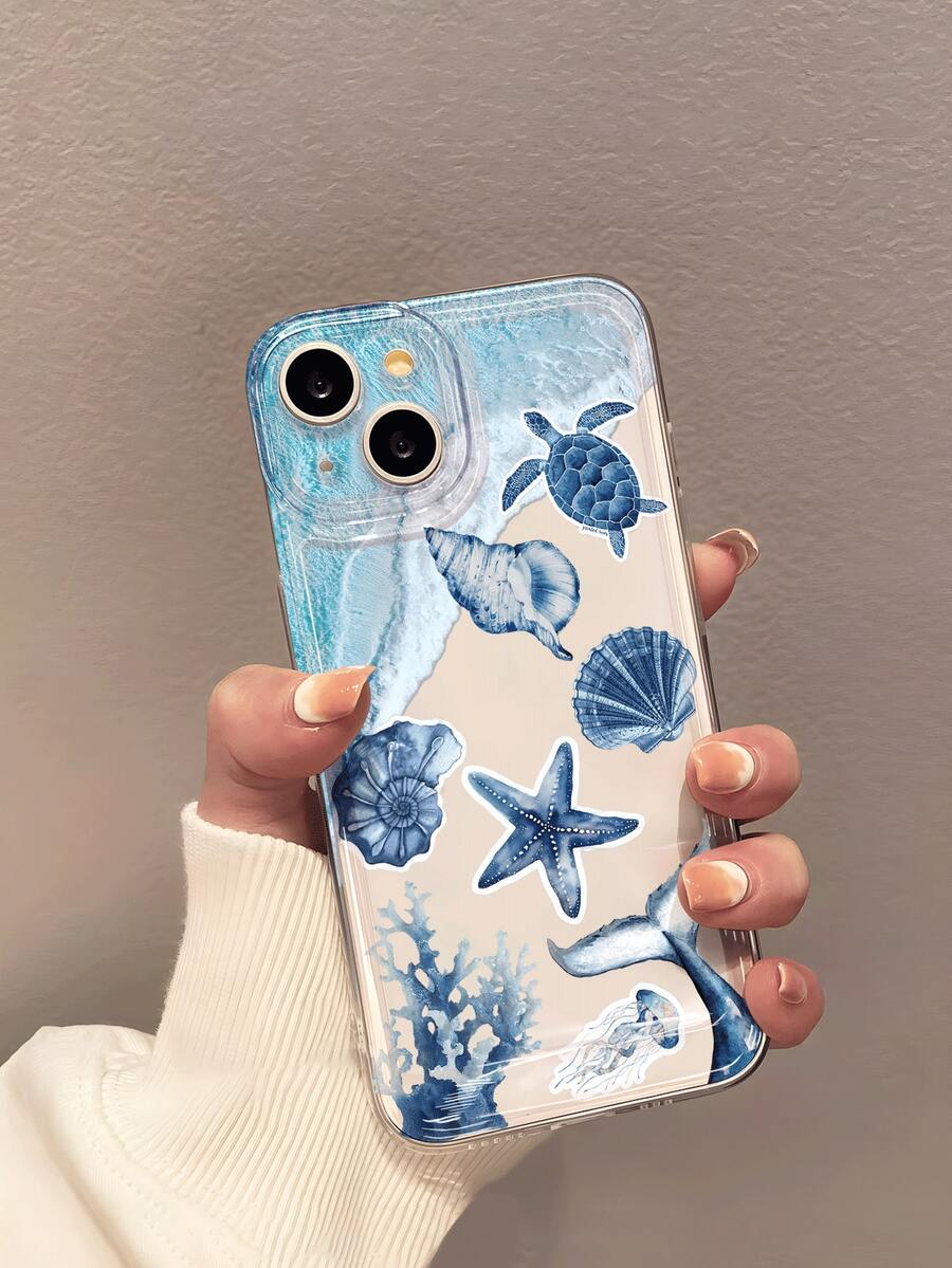 1pc Blue Gradient Wave & Beach Healing Sea Turtle, Seashell, Starfish Pattern Transparent Soft Phone Case, Anti-Slip Anti-Drop Anti-Yellow Lightweight Full Coverage Soft Shell Compatible With Apple Phones - Multicolor - View 1