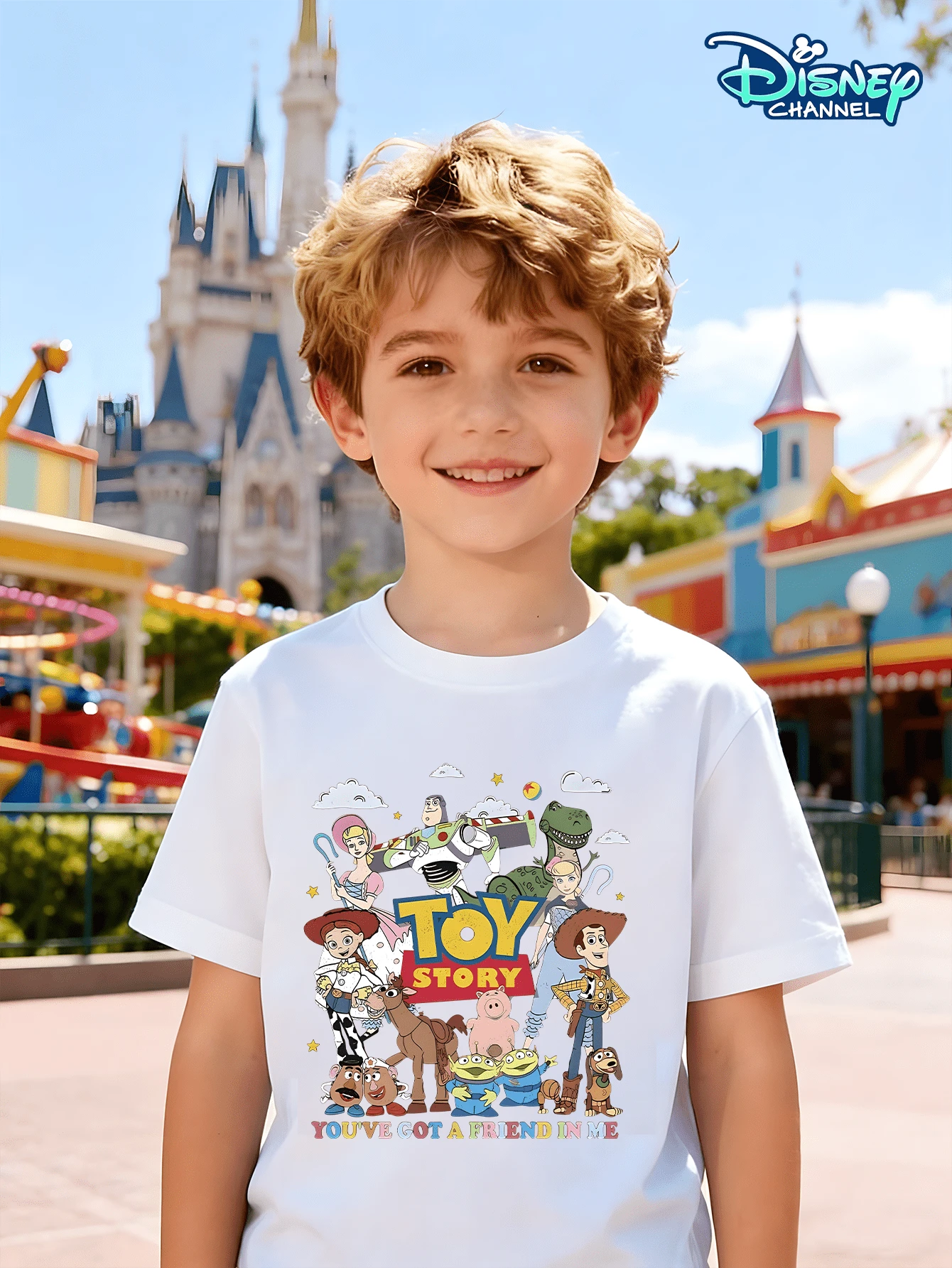 This Short-Sleeved T-Shirt For Boys Features A Disney Toy Story Theme. The Front Is Adorned With Vibrant Prints Of Characters Like Woody, Buzz Lightyear, And Rex, While The Back Displays Classic Quotes In Colorful Artistic Lettering. It's Suitable For Various Occasions, Including Disney Park Photo Opportunities, Toy-Themed Events, Birthday Parties, Summer Outings, Beach Play, Park Walks, Everyday Wear, And After-School Activities. It Serves As A Way For Little Fans To Express Their Interests And Is Also An Eye-Catching Everyday Item, Allowing Children To Interact More In Interest-Related Settings And Showcase Their Playful Energy During School And Outdoor Activities. - 白色 - 查看 1