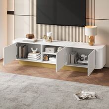 Modern Low-Screen TV With Storage – Rounded Design, Cable Management, Illustrated Front Panel – Living Room Media Console - White - View 4