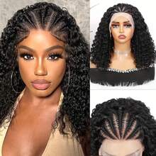 13x4蕾丝前假发，编织真人发假发，编织波波头假发，女士非洲卷发真人发假发，预拔毛透明蕾丝 - Natural Black - 查看 3