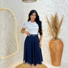 Polka Dot Tulle Midi Skirt With Lining, Modest Fashion Style. Belt Included For A Perfect Fit. - Navy Blue - View 5
