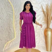 Tulle Midi Dress With Godet Cut, Evangelical Fashion, Congress Style, Elegant And Casual - 高級紫紅色 - 查看 3