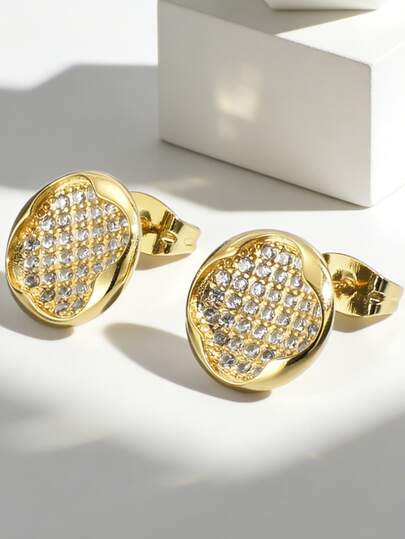 Women's Gold-Plated Four-Leaf Clover Earrings, Fully Inlaid With Zirconia, Minimalist Elegant Design, Suitable For Daily Commute And Workwear, An Ideal Gift For Fashion Enthusiasts