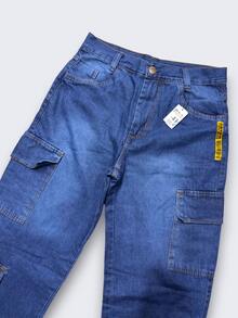 Men's Blue Cargo Jeans, Without Elastane, Long And Loose Fit. - 2601-2 - 查看 6
