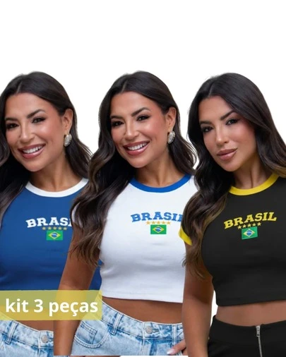 Kit 3 Blusas Brasil Baby Look Ribana Algodão Brazilcore Canelada T-Shirt Atacado Promoção Cores Variadas