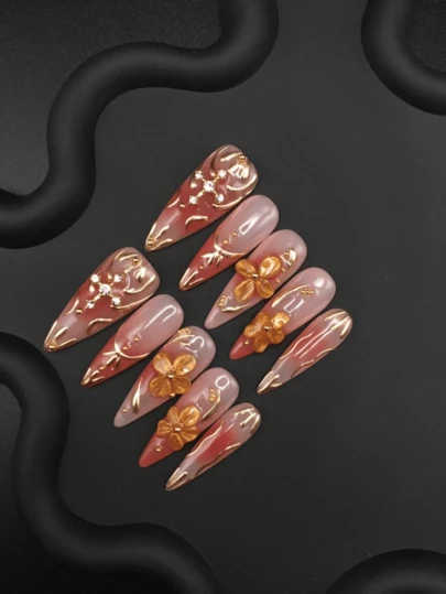 Handmade Nails Long Pointed 3D Carved Retro Style Gilded Lines And Three-Dimensional Flowers Press On Nails For Daily Wear