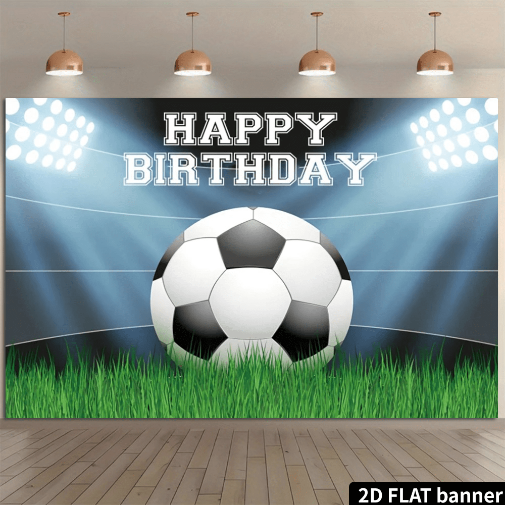 Football-Themed Birthday Party Backdrop. Green Radial Stripes As The Background, With White "Happy Birthday" Three-Dimensional Text In The Center. Classic Black And White Football Pattern In The Center. Both Sides Decorated With Green And White Balloons And Player Silhouettes. 2D Design Suitable For Indoor Walls Or Photography Areas. Creates A Lively Sports Atmosphere For The Birthday Celebration Scene.
