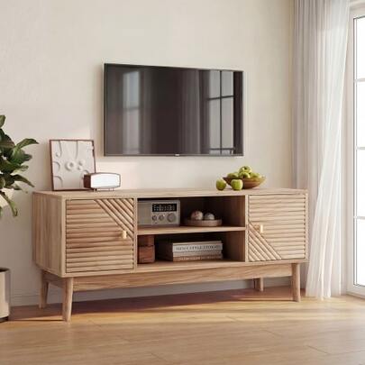 110cm High TV Stand, Modern Medieval Style TV Unit, Suitable For 32/45" TVs, Entertainment Center With Storage Compartments, Multimedia Console For Living Room And Bedroom, Oak Color