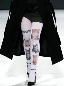 女士白色猫咪印花连裤袜 - 厚实不透，可爱动物印花连裤袜，适合春秋季节穿着 - 白色 - 查看 6