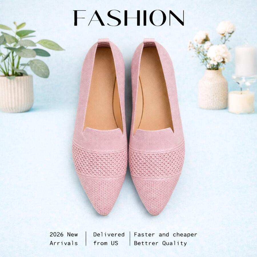 New Arrivals For Spring 2026: Women's Flat Shoes, Elegant Women's Sneakers, Simple Square Toe, Fashionable And Versatile, Breathable Soft Sole, Slip-On Style, Suitable For Daily Commutes, Work, Shopping, And Dates. Machine Washable. A Top Choice For Valentine's Day Gifts. - 粉色 - 查看 1