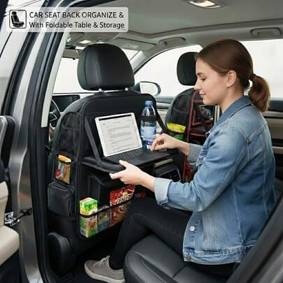 无纺布汽车座椅靠背储物袋（带可折叠托盘+可选侧网袋组合），多口袋悬挂式侧袋，黑/红饰边，适合存放饮料、平板电脑、笔记本电脑和配件，适用于SUV和轿车后排座椅