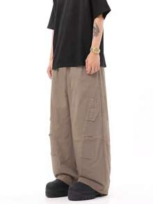 1 pieza Nuevos pantalones vaqueros de trabajo informales de pierna ancha y plisados para primavera/verano, pantalones casuales de algodón 100% caqui (excepto cinturones y accesorios) - Caqui - Ver 5