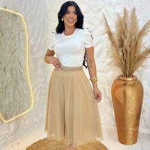 Polka Dot Tulle Midi Skirt With Lining, Modest Fashion Style. Belt Included For A Perfect Fit. - Beige - View 4