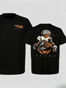 Men's Pure Cotton T-Shirt Funny Print T-Shirt,Mens Clothes, Sitka Hunting T-Shirt – Dog With Turkey Graphic, Retriever Hunting Apparel, Waterfowl & Upland Bird Tee,Summer Outfits,Streetwear,Y2k - 黑色 - 查看 1